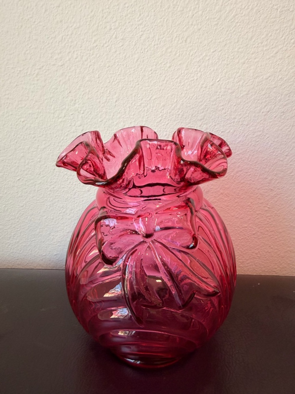 Vintage Fenton Cranberry Pink Art Glass Ruffle Vase – Hand Blown Style Bow